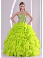 Cute Ball Gown Ruffles and Beading 2013 Fall Pretty Quinceanera Dresses in Yellow Green