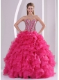 Hot Pink Ball Gown Sweetheart Ruffles and Beading Long Organza Quinceanera Dresses 2014