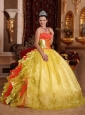 2014 Ball Gown Strapless Rufles Organza Embroidery Gold Quinceanera Dresses 2014