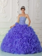 Organza Purple Discount Quinceanera Dresses with Ball Gown Strapless Beading
