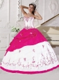 Embroidery Taffeta Sweet 16 Dress in White and Hot Pink