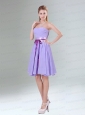 Decent Lavender Ruched Mini Length Prom Dresses with Bowknot Sash