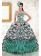 2015 Exquisite Turquoise Sweep Train Quinceanera Dresses with Beading and Picks Ups