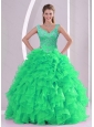 2015 Detachable Spring Green Quinceanera Dresses with Beading and Ruffles