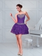Eggplant Purple Beading Mini Length Prom Dresses with Ruffled Layers