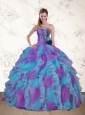 Cute Strapless Beading and Ruffles Multi Color Sweet 15 Dress