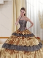 Detachable Strapless Leopard 2015 Gold Quince Dress with Ruffled Layers and Beading