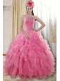 2015 Pretty Rose Pink Quinceanera Dresses with Ruffles and Beading