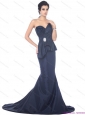 Popular Brush Train Sweetheart Beading Prom Dress in Navy Blue