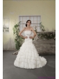 2015 Strapless White Beach Wedding Dresses with Ruffled Layers and Court Train