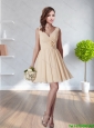 2015 Wonderful V Neck Champagne Prom Dress with Hand Made Flower and Ruching