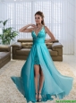 2015 Gorgeous High Low V Neck Bridesmaid Dress with Belt and Brush Train