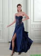 2015 Best Beading and High Slit Navy Blue Prom Dress with Brush Train