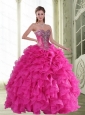 2015 New Style Beading and Ruffles Sweetheart Sweet 16 Dresses in Hot Pink