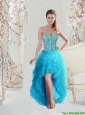 2016 Beautiful Sweetheart Beaded and Ruffles Turquoise Prom Dresses High Low