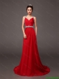 2015 Popular Halter Top Beaded Red Prom Dresses with Brush Train