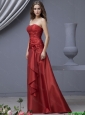 Popular Column Strapless Prom Dresses with Ruching and Hand Made Flowers