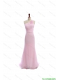 Cheap Simple Baby Pink Brush Train Prom Dresses with Hand Made Flowers