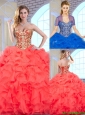 2015 Fall Fashionable Coral Red Quinceanera Gowns with Beading and Ruffles