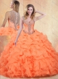 2016 Unique Straps Orange Red Sweet 16 Quinceanera Dresses with Ruffles and Appliques