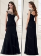 Empire Scoop Applique Black Evening Dress with Cap Sleeves