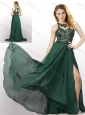 New Style Empire Chiffon Laced and High Slit Prom Dress in Dark Green