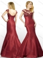 New Arrivals Applique Mermaid Brush Train Satin Prom Dress in Wine Red