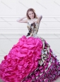 Luxurious V Neck Fuchsia and Printed Quinceanera Dress with Feather and Bubbles