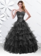 Princess Black Sweet 16 Dress with Beading and Ruffled Layers