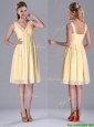 Empire Light Yellow V Neck Knee Length Short Bridesmaid Dress with Ruching