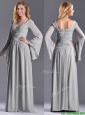 Classical Square Beaded and Ruched Mother of the Bride Dress with Long Sleeves