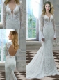 Beautiful Mermaid Deep V Neck Long Sleeves Wedding Dress in Lace