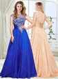 Beautiful See Through Scoop Royal Blue Modest Prom Dress with Beading