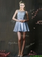 Fashionable Light Blue Short Prom Dress with Lace and Belt