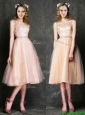 Elegant Laced and Sashed Scoop Bridesmaid Dresses in Peach