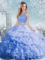 Flirting Baby Blue Sleeveless Floor Length Beading and Ruffles and Pick Ups Clasp Handle Quince Ball Gowns