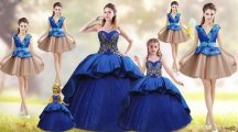 Blue 15th Birthday Dress Taffeta Court Train Sleeveless Beading and Appliques and Embroidery