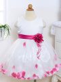 Knee Length White Kids Formal Wear Tulle Sleeveless Appliques and Hand Made Flower