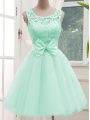 Knee Length Lace Up Wedding Party Dress Apple Green for Prom and Party and Wedding Party with Lace and Bowknot