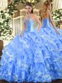 Baby Blue Organza Lace Up Quinceanera Gown Sleeveless Floor Length Beading and Ruffled Layers