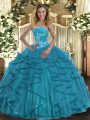 Discount Floor Length Teal Quinceanera Gowns Strapless Sleeveless Lace Up