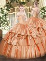 Fine Orange Red Ball Gowns Off The Shoulder Sleeveless Organza Floor Length Lace Up Beading and Ruffled Layers Sweet 16 Quinceanera Dress
