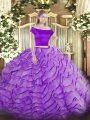 Lavender Two Pieces Off The Shoulder Short Sleeves Tulle Brush Train Zipper Appliques and Ruffles Quinceanera Dress