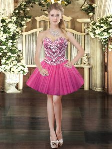 Mini Length Hot Pink Evening Dress Sweetheart Sleeveless Lace Up