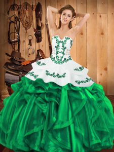 Colorful Sleeveless Satin and Organza Floor Length Lace Up Quinceanera Dress in Green with Embroidery and Ruffles