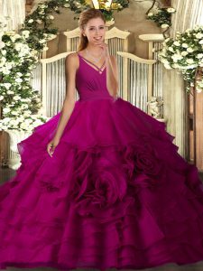 Flirting Fuchsia Organza Backless V-neck Sleeveless Floor Length Sweet 16 Dresses Ruffled Layers