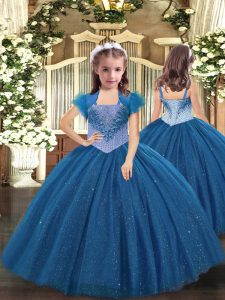 Fashion Blue Ball Gowns Straps Sleeveless Tulle Floor Length Lace Up Beading Child Pageant Dress