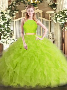 Noble Yellow Green 15 Quinceanera Dress Military Ball and Sweet 16 and Quinceanera with Ruffles Scoop Sleeveless Zipper