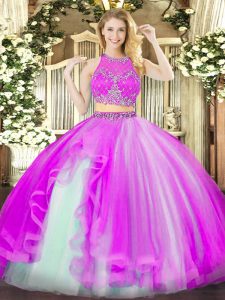 Fashion Beading and Ruffles 15th Birthday Dress Fuchsia Zipper Sleeveless Floor Length