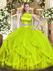 Free and Easy Yellow Green Criss Cross High-neck Ruffles Quince Ball Gowns Tulle Sleeveless